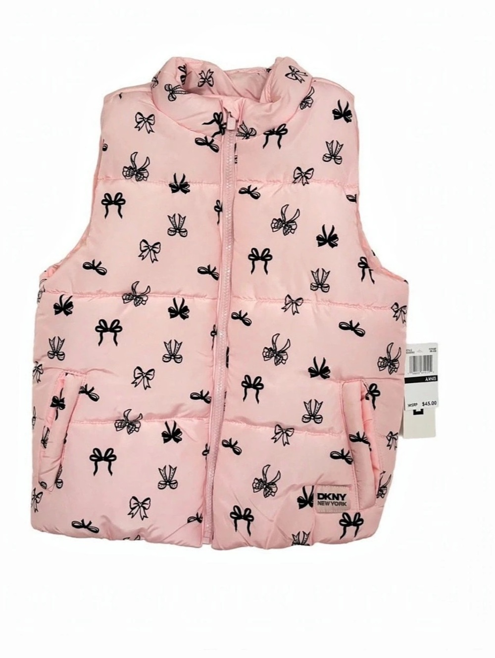 DKNY Girls Pink Bow Print Puffer Vest Size Large